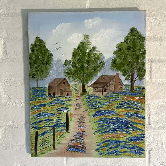 Vintage Farmhouse Landscape Painting | Hand-Painted Countryside Scene - Picture 10 of 10